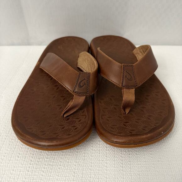 OluKai Sandals Mens Size 12 Ilikai Flip Flop Toffee Brown Leather Slip On Beach main image 2